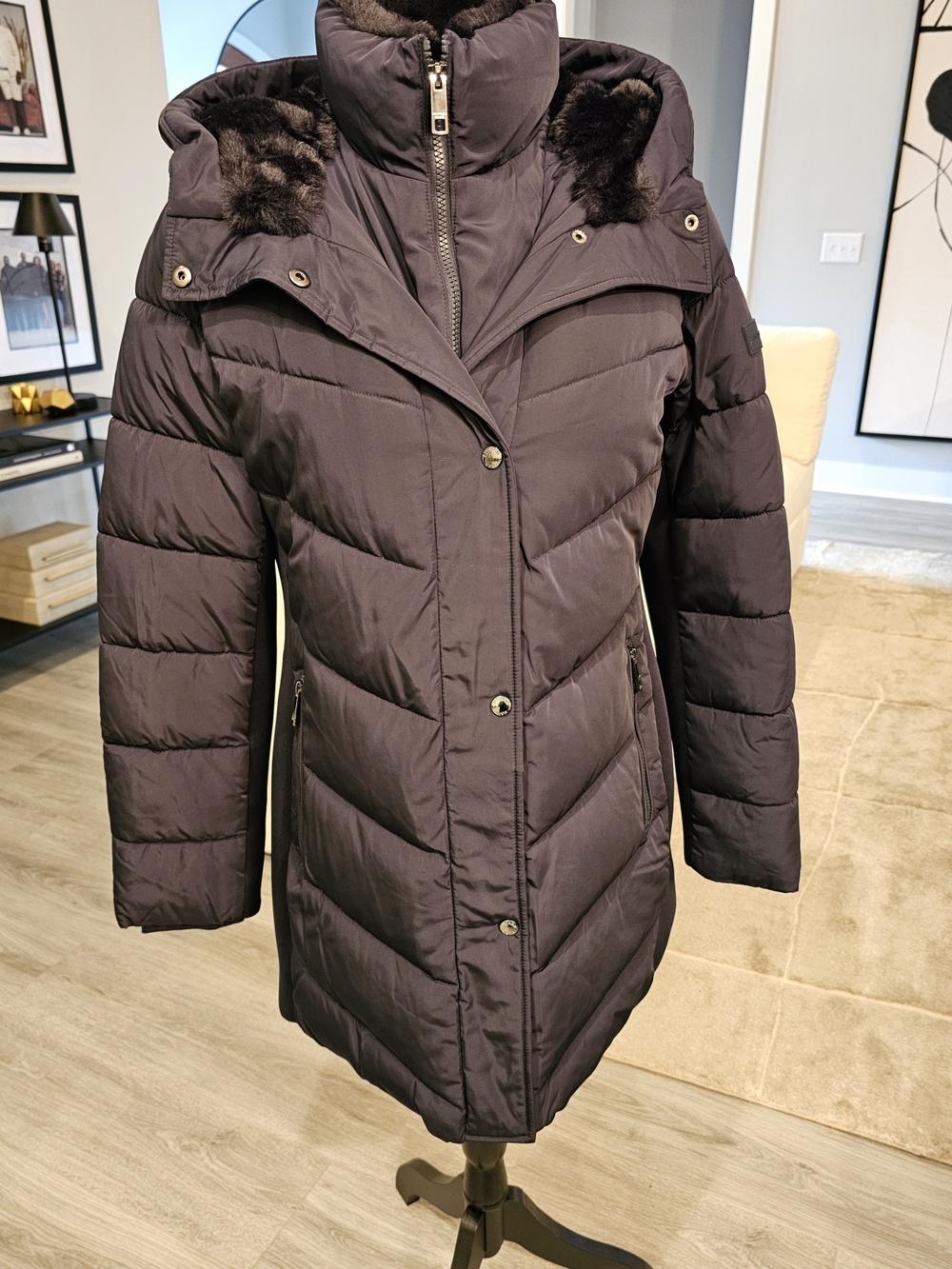 Andrew Marc Dark Navy Quilted Hooded Puffer Coat with Faux Fur Trim